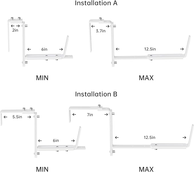 Y&M 2 Pcs Deck Railing Adjustable Planter Box Brackets (6 to 12.5 in), Universal Heavy Duty Iron Flower Box Brackets Wall Mounting Hooks for Fences, Patio, and Garden - White (Patent Registered)