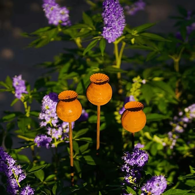 Rustic Metal Coneflower Garden Stakes, Set of 3, Rusted Iron Daisy Yard Art, 24x1.5 Inch, Weather-Resistant Lawn Pathway, Patio Decor (Coffee)