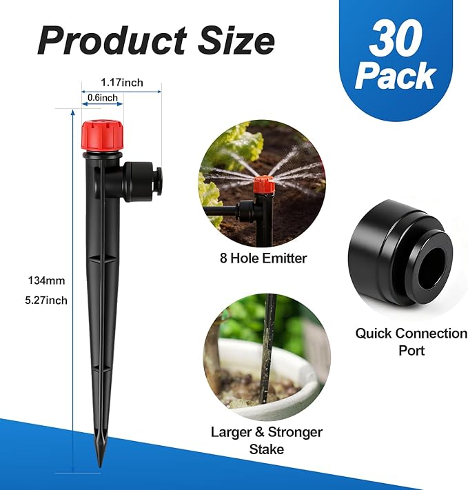 30 Pack Quick Connect 1/4 Inch Drip Irrigation Emitters Fittings, 1/4'' Dripline Push-to-Fit Irrigation 8 Hole Stream Emitters Adjustable 360 Degree Emitter on Stake for Garden Systems