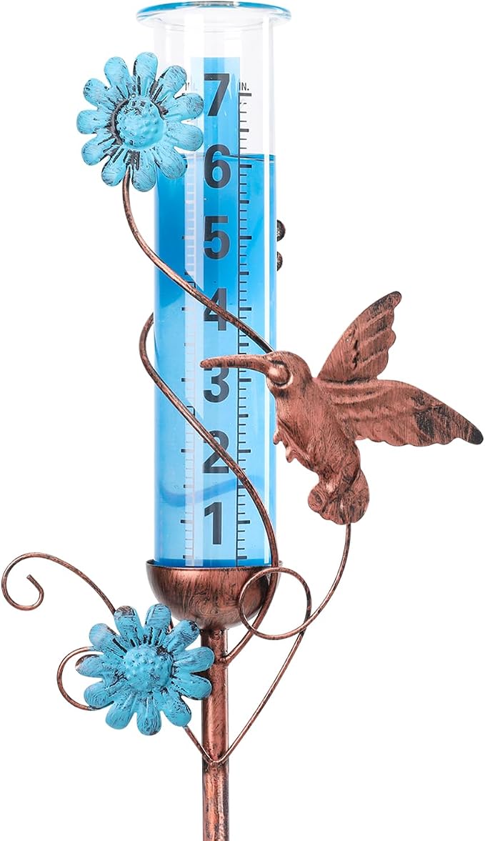 WONDER GARDEN Rain Gauge Outdoor, Decorative Rain Gauges Outdoors Best Rated with Hummingbird and Flower, Freeze Proof Water Rain Measure Gauge for Yard Patio Lawn Garden Decor
