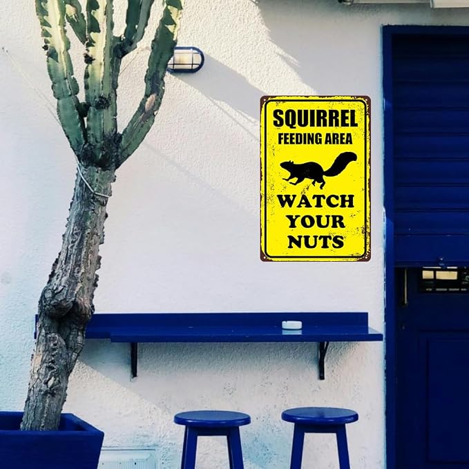 Squirrel Sign Funny Metal Sign Squirrel Feeding Area Watch Your Nuts Signs Vintage Tin Sign For Home Outdoor Garage Wall Decoration 8x12inch