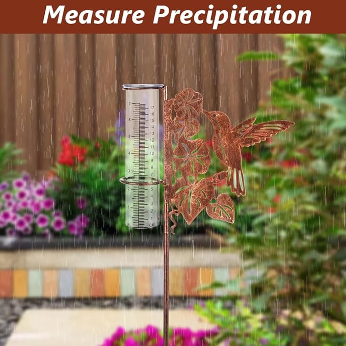 Hummingbird Rain Gauge Outdoor, Freezeproof Rain Gauge with Plastic Measuring Tube Rain Water Gauge Decor for Lawn, Yard, Garden (35'' Tall)