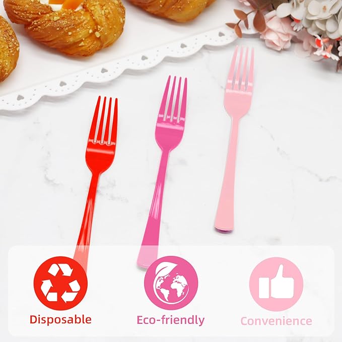 60PCS Valentine's Day Plastic Fork Pink/Red/Hot Pink Plastic Silverware Disposable Cutlery Set Heavy Duty 60 Forks for Valentine's Day, Girl Birthday, Sweet 16 Party Party Decorations