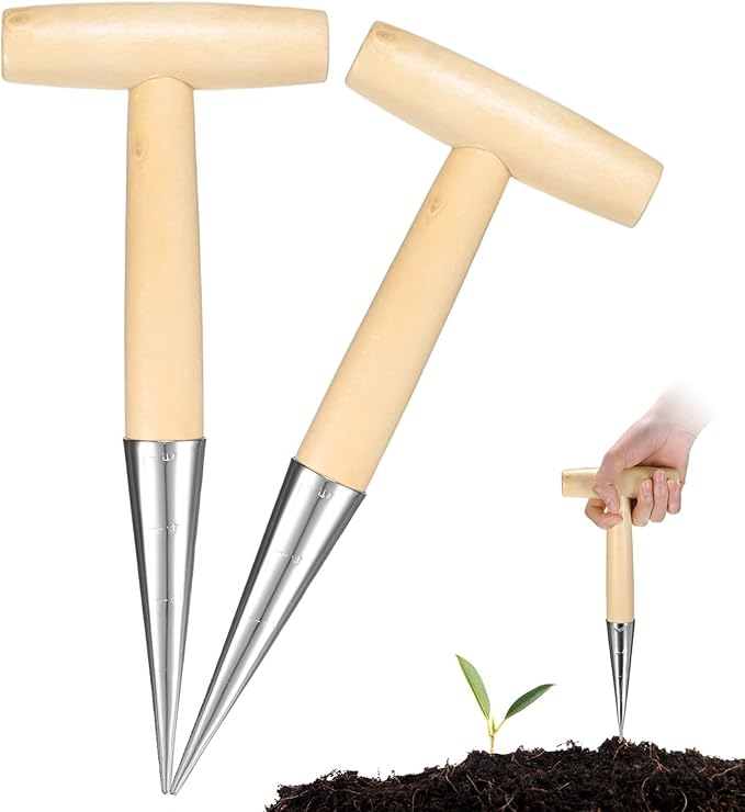 M METERXITY 2-Pack Seed Planter Tool, Chrome Plated Wooden Hand Dibber Garden Tool with Handle for Sowing Seeds/Transplanting/Planting Bulbs, Handheld Digging Hole Punch [Beige, Silver Tip]