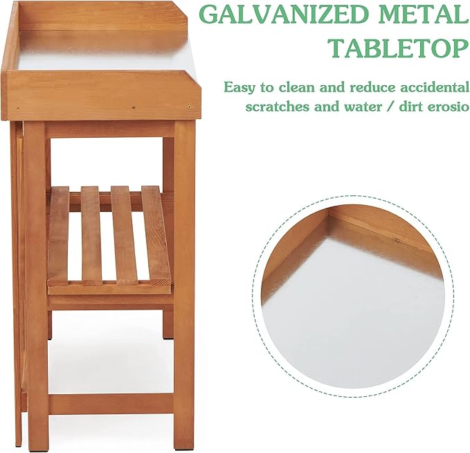 Folding Potting Bench Table, Outdoor Workstation with Galvanized Tabletop and Storage Shelf for Garden, Deck, Balcony, Easy Assembly