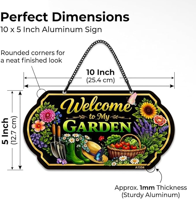 Welcome to My Garden Sign, 10 x 5 Inch Aluminum Metal Hanging Garden Sign with Chain, UV Printed Weatherproof Garden Decor Plaque for Porch, Patio, Greenhouse, Front Door or Outdoor Wall