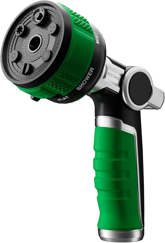 RESTMO 2-in-1 Water Hose Nozzle Heavy Duty, Garden Hose Nozzle with 9 Adjustable Spray Patterns, High Pressure Hose Sprayer Nozzle with Flow Control for Watering Plants & Lawns, Washing Cars & Pets
