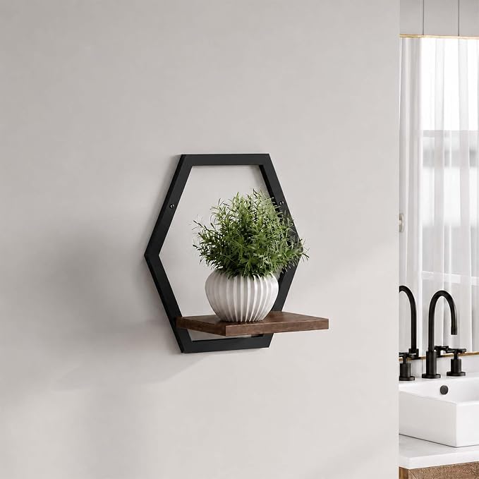 2 Pack Walnut Color Solid Wood & Metal Framework Wall Plant Stands,9 inch Natural Wood Shelf of Indoor,Mid Century Modern Hanging Planter for Outdoor Entryway 25 LB Load for Plants Black