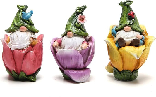 Hodao Resin Gnome Figurines, 3-Piece Flower Pot Indoor Home Decorations, Cute Ornaments for Bedroom & Living Room, Ideal Gift for Garden Lovers (Assorted Colors)