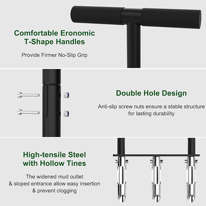Lawn Aerator Coring Tool, Aerator Lawn Tool with 3 Hollow Tines, Manual Core Aerator for Lawn Garden Care and Loosen Compacted Soil, Lawn Aeration, Garden Tool