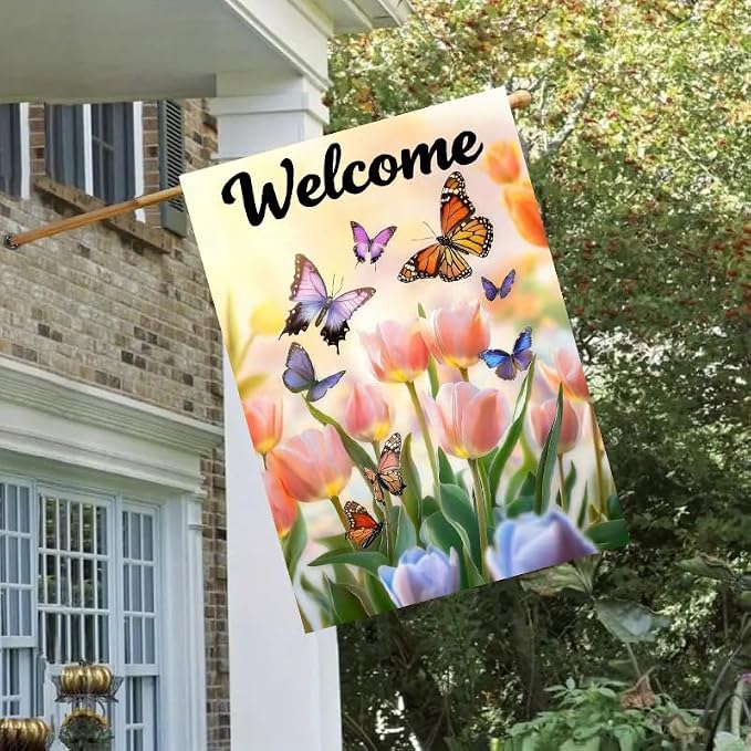 House Flags for Outside 28 x 40 Double Sided, Large Garden Flag Spring Summer Tulip Welcome Outdoor Flags Seasonal Farmhouse Outdoor Yard Décor