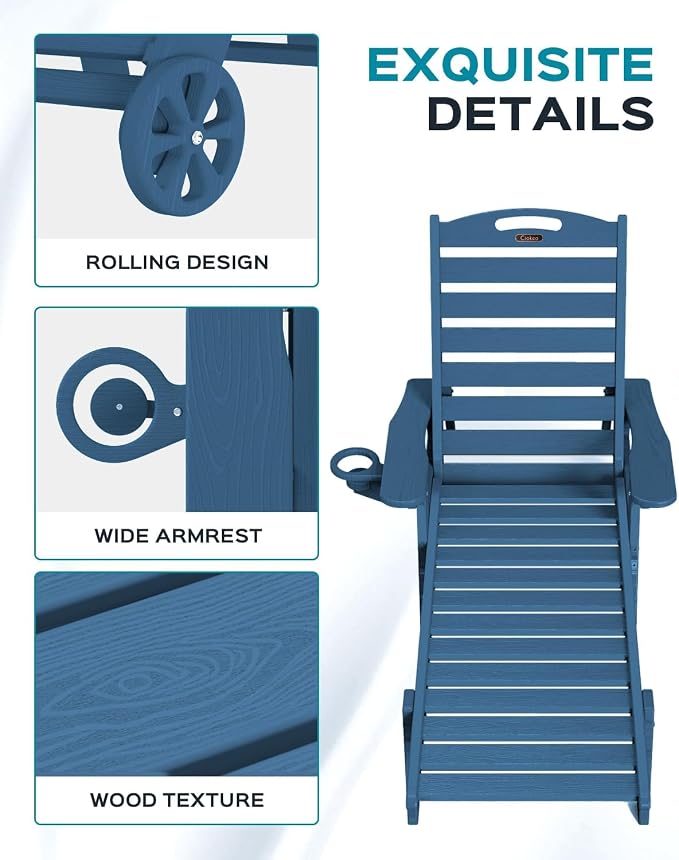 Ciokea Outdoor Chaise Lounge Chair Set of 2, Patio Lounge Chairs for Outside, HDPE Lounge Chair with Wheels & Cup Holder, Poly Chair with 5 Position for Poolside, Deck, Navy Blue