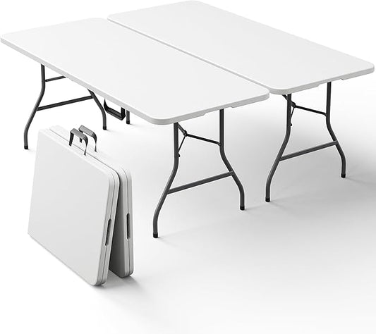 2 Pack 6ft Folding Table, Foldable Picnic Table Portable Table for Indoor Outdoor Use Heavy Duty Plastic Table Camping Table with Carry Handle for Party, BBQ, White