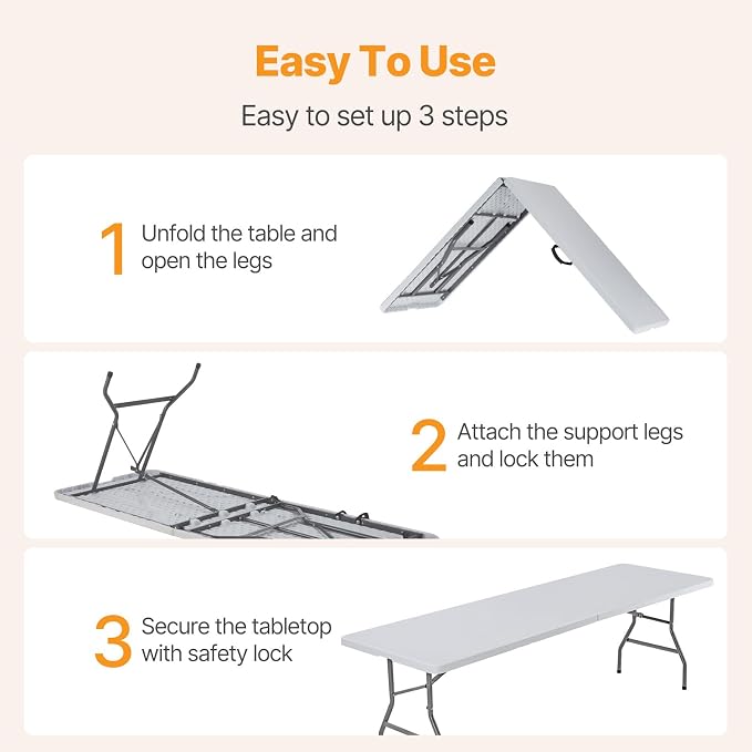 NEWBULIG 8 FT Foldable Table Easy to Fold and Store, Folding Picnic Table for Picnic Camping Kitchen Dining Party Outdoor Indoor with Carrying Handle, White