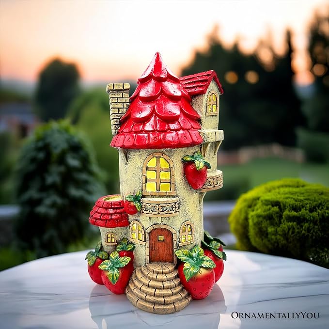 OrnamentallyYou Spring & Summer-Themed Garden Statues – Adorable Outdoor Decor for Lawn, Patio & Porch (Solar Powered Strawberry Fairy Home Garden Statue, 10" Unique Spring Decoration)