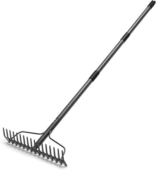 Garden Rake, 5FT Bow Rake Heavy Duty Leveling Rake with Adjustable Handle, 17 Tines Wide Head Metal Thatch Rake for Gardening Leaves Lawn Yard Mulch Rake