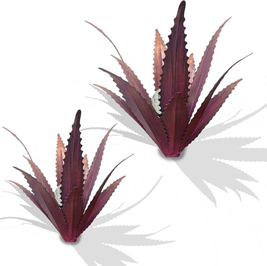 2 PCS Metal Agave Sculpture Decoration, Vintage Country Hand-Painted Sculpture DIY Metal Agave Plant, Home Garden Courtyard Lawn Outdoor Decoration (Serrated Purple)