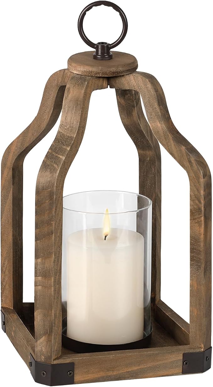 Rustic Wood Lantern Candle Holder for Farmhouse Decor - Indoor and Outdoor Table Centerpiece with Glass Hurricane, 13" High