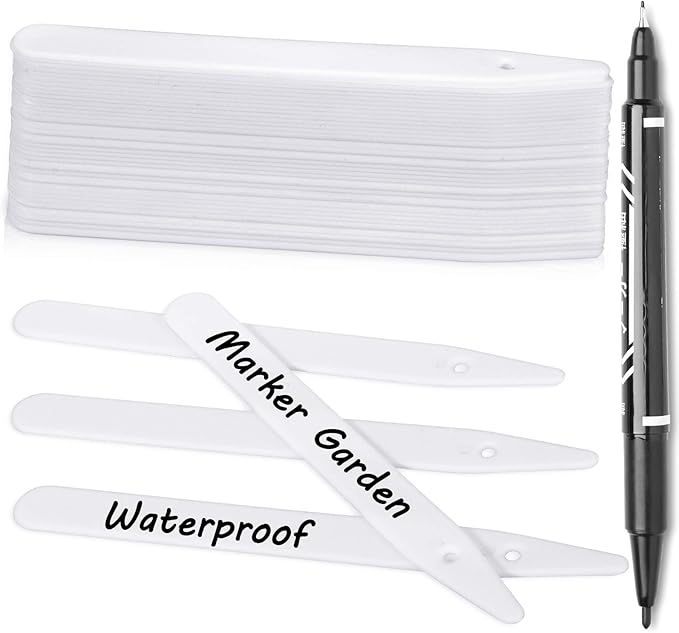 Whaline 200Pcs Thick Plastic Plant Labels with Hole White Garden Stake Markers Waterproof Garden Tag Signs for Greenhouse Seedlings Flowers Spotted Plants with 2 Marker Pen and Twine (10 CM)
