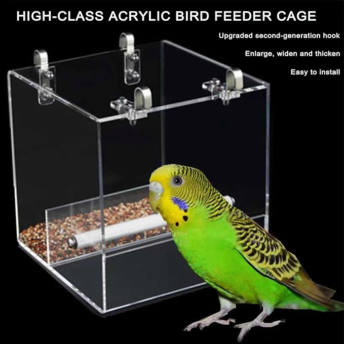 Automatic Bird Feeder for Cage, Automatic Acrylic Bird Feeder No Mess Bird Cage for Small Bird Parrots Canary Parakeet Budgerigar Crested Myna Cockatiel (L: 6.2" x 6.3" x 6.3")