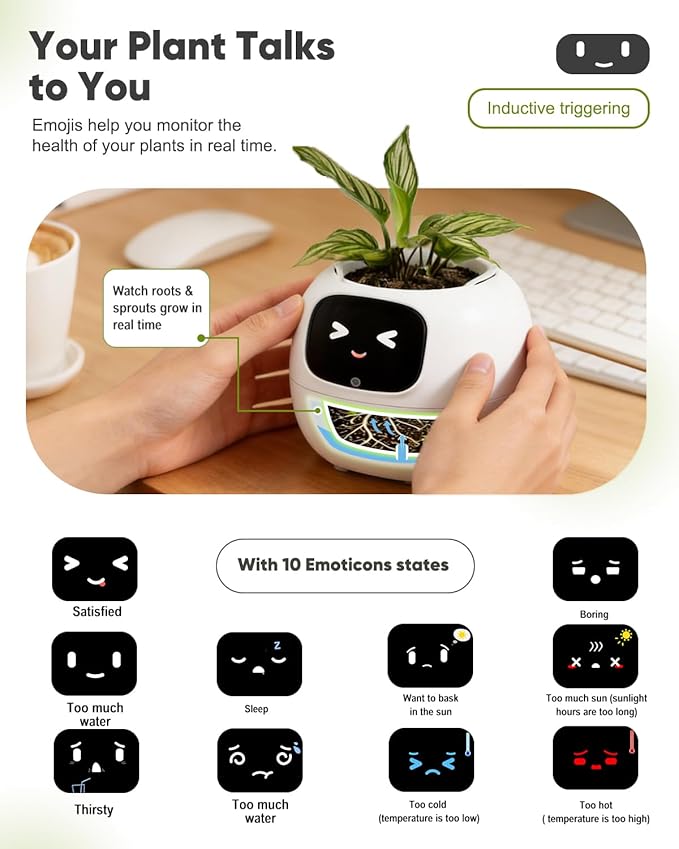 Smart Plant Pot with Emotion Display, Touchscreen & No App Needed, Auto Self-Watering with Alarm Clock & Plant Monitor, Unique Birthday Gift for Women, Plant Lovers & Housewarming