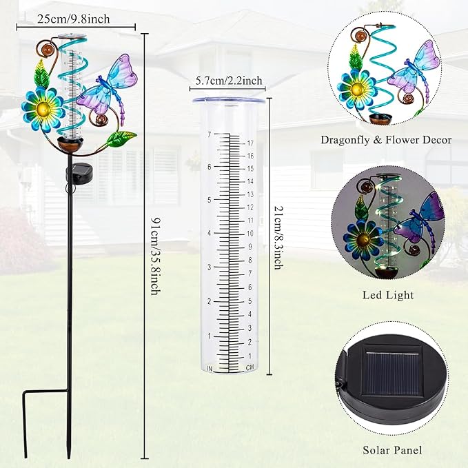 Rain Gauge Outdoor, Solar Rain Gauges for Yard, Freeze Proof Rain Gauge with 7" Plastic Tube, Metal Dragonfly Decorative Water Gauge with Led Light