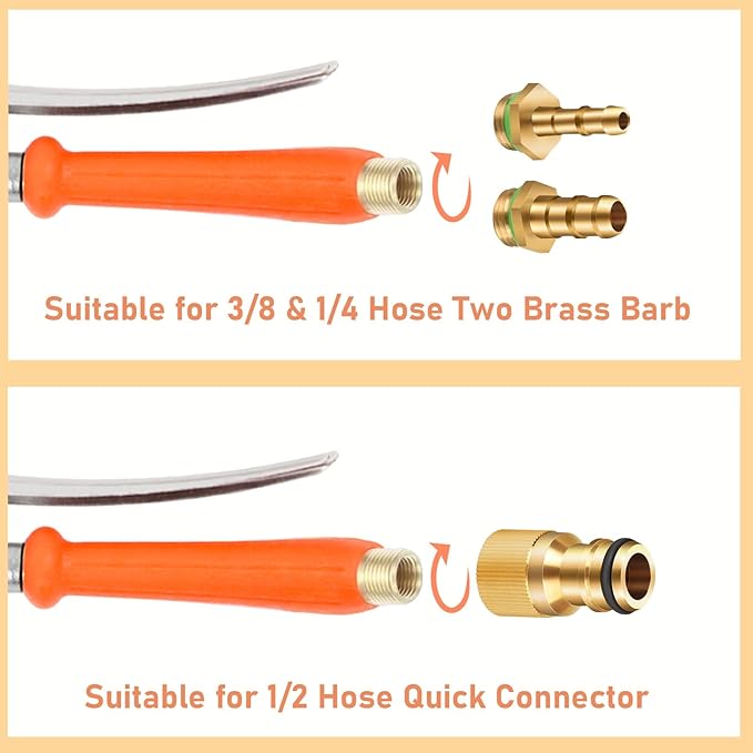 2 Piece Sprayer Wand, Suitable for 1/2 Hose Quick Connector, 1/4" & 3/8" Brass Barb Sprayer Wand Replacement Built-in Shut Valve Stainless Steel Spray Wand, W/ 4 Hose Clamps & 4 Rolls Raw Tape