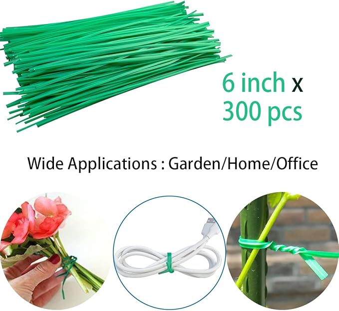 300 Pcs 6 Inch Twist Ties for Bags, Plant Ties, Breads Ties Twisty-tie, Climbing Plants Ties, Bags Cables Cords Ties, Heavy Duty, Soft Green PE, w. Reusable Mylar Ziplock Bag