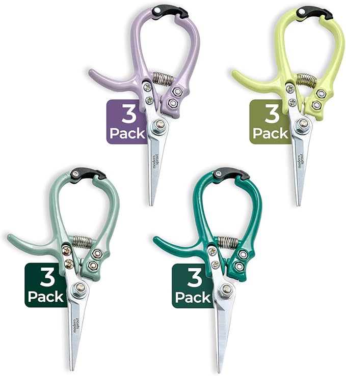 Modern Sprout Pruning Shears - Herb Snipping Scissors- Lightweight Gardening Tools W/Easy Lock - Flower Cutter Garden Shears - Carbon Steel Blade + Plastic-Free Reusable Holster (Multicolor 12 Pcs)