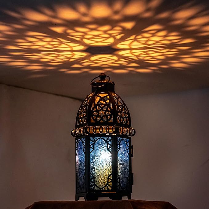 NEEDOMO Hanging Moroccan Lantern, 12.8'' Vintage Candle Holder, Metal Lanterns Decorative Indoor Outdoor, Table, Patio, Porch, Shelf, Gothic Home Decor (Blue, Large Size)