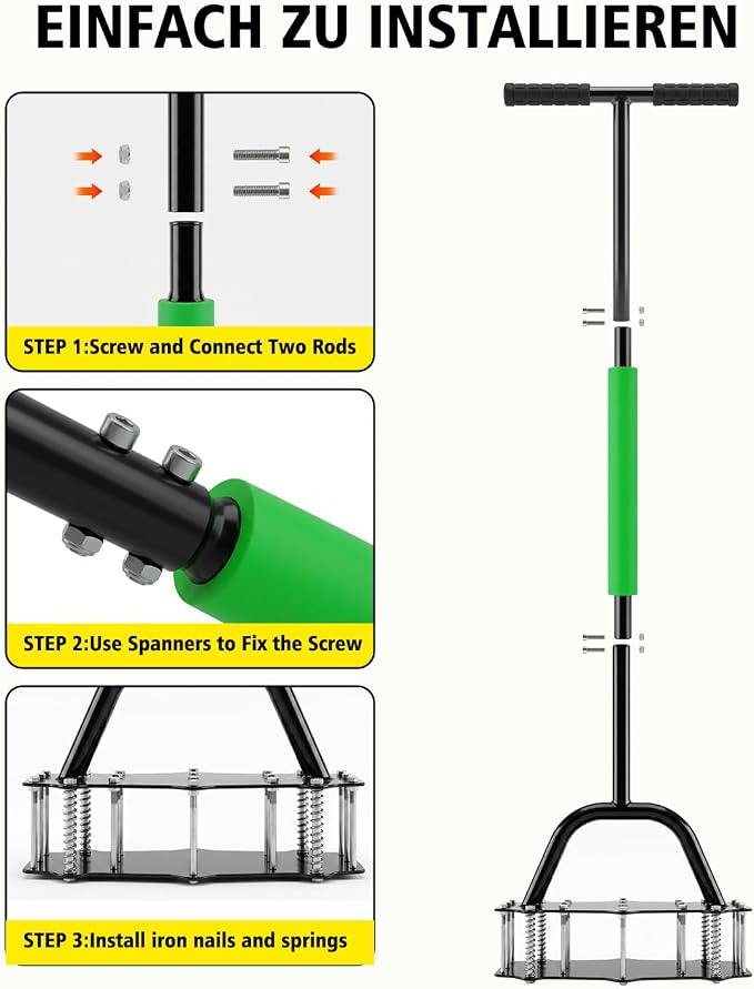 Lawn Aerator Spike Tool - 17 Iron Spikes with T-Handle for Yard and Garden | Dirt Clean & Double-Layer Spring, Manual Soil Aerator, Metal Grass Aerator with Gloves for Lawn Soil Loosening