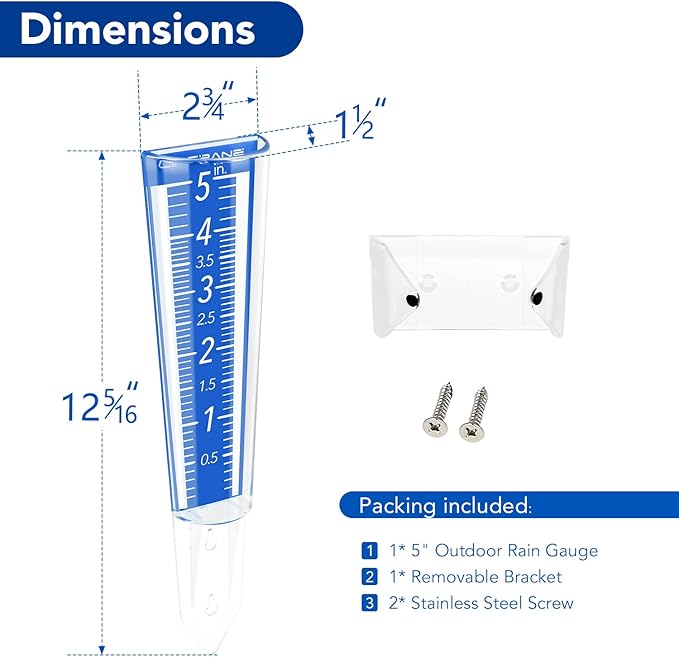 Circrane 5-Inch Capacity Outdoor Rain Gauge with Additional Hang Bracket& Stainless Steel Screws, Magnifying Scale and Numbers Design for Easy Read (Blue)