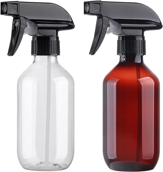 Plastic Spray Bottles Clear and Brown Refillable Container Empty Spray Bottle 10oz/300ml Adjustable Head Sprayer and Stream for Cleaning Products, Plants, Pet, Hair