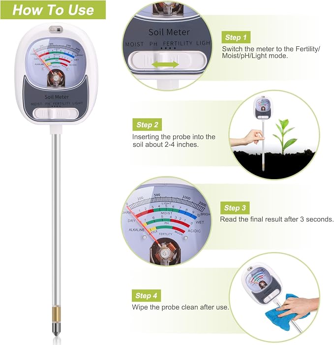 HSLGOVE 4-in-1 Soil Test Kit – Soil Moisture Meter, pH, Fertility & Sun-Light, No Battery Required, Large Dial Soil Tester for Indoor & Outdoor Gardening, Lawn, Farm –Stonewhite