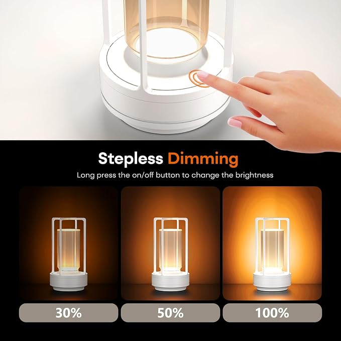 HAPYGI Portable Metal Table Lamp for Indoor/Outdoor,Rechargeable Cordless LED Lamp, 3-Colour Infinitely Dimming Battery Powered Small Desk Lamp, Restaurant/Bedroom/Bar/Coffee/Camping Light (White)