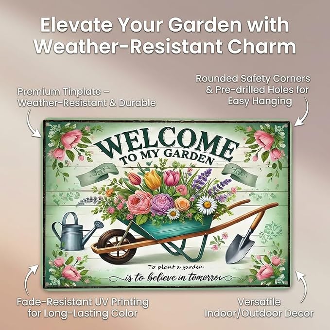 Gardening Gifts for Women, Welcome to My Garden Sign, Vintage Decorative Metal Decor for Outside, Tin Signs for Yard Wall, Outdoor Gardening Gift, 8x12 Inch