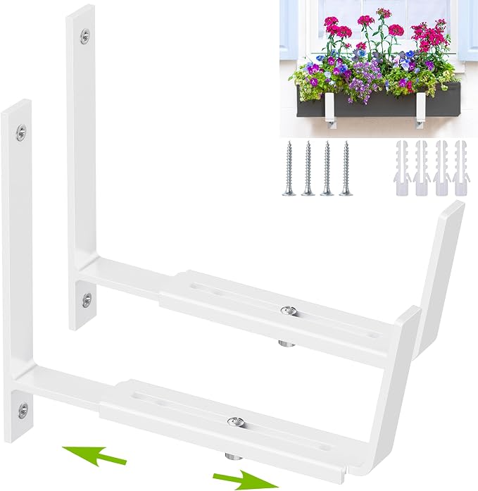 Y&M Adjustable Planter Box Brackets, Brackets for Window Boxes Planters, 2 Pack Universal White Steel Mounting Durable, Suitable for Fence Pergola Patio Garden Balcony