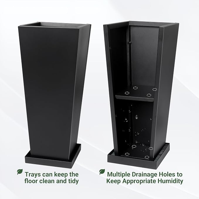 26" Metal Tall Outdoor Planters Set of 2, Durable & Wealtherproof | Tall Planters with Drainage Insert Shelve & Trays, Black Outdoor Planters for Porch, Garden, Yard