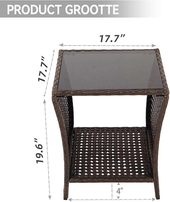 Outdoor Side Table - Patio Rattan End Table with Square Glass Tabletop, Wicker Outdoor Side Table with Extra Storage Shelf for Garden, Backyard, Porch, Black Gold