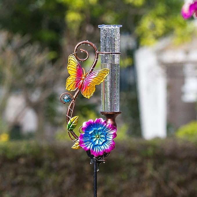 Butterfly Rain Gauge Outdoor, Solar Rain Gauge with Metal Stake, 7 Inch Tube Decorative Color Lights Rain Measure Gauge for Patio, Lawn, Garden