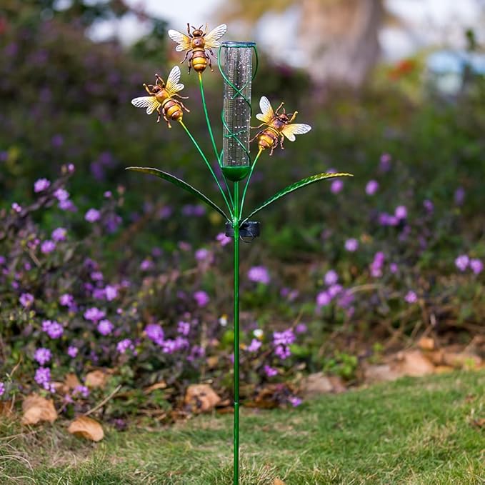 Solar Rain Gauge with 7-Inch Plastic Tube, Bee Rain Gauge Outdoor-Decorative Rain Water Gauges Garden Stake for Yard, Lawn, Patio