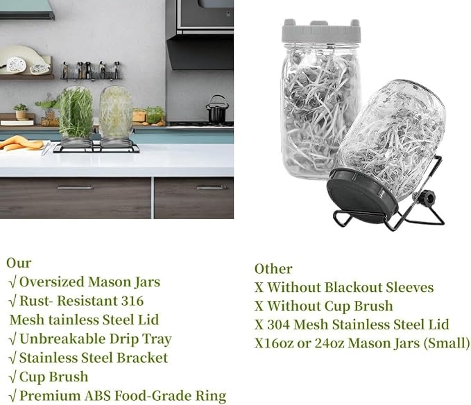 Lulonpon 2pcs Sprouts Growing Jar Kit, Wide Mouth Quart Mason Jars with Stainless Steel Screen Sprout Lids, 86mm,1000ml,Stand,Tray and Canning Brush,Seed Sprouter Set for Broccoli, Alfalfa, Mung Bean