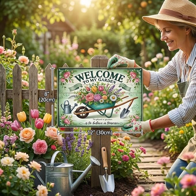 Gardening Gifts for Women, Welcome to My Garden Sign, Vintage Decorative Metal Decor for Outside, Tin Signs for Yard Wall, Outdoor Gardening Gift, 8x12 Inch