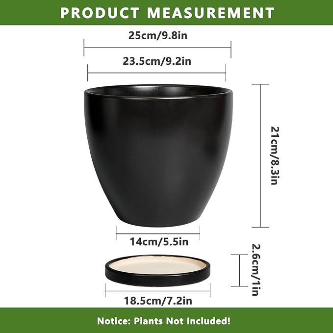 Ceramic Planter - 10 Inch Plant Pot with Drainage Hole and Tray, Round Flower Pots, Planters for Indoor Plants, Modern Room Garden Patio Bathroom Living Room Porch Home Decor, Black