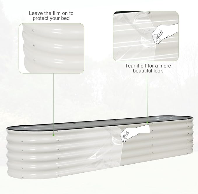 Galvanized Raised Garden Bed - 8x2x1.4FT Metal Planter Boxes Outdoor | Oval Steel Raised Bed Kit for Gardening with Protective Tape, Bracing Rods, Gloves for Vegetables, Flower, Herb (White)