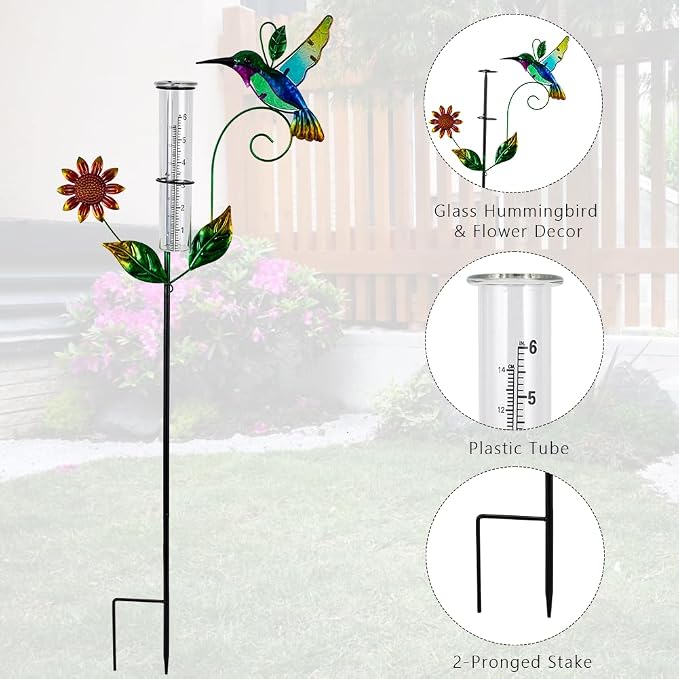 Rain Gauge Outdoor, 3 Pcs Hummingbird & Dragonfly & Butterfly Rain Gauges with 5" Plastic Tube, Decorative Garden Stakes with Welcome Sign for Spring Yard Patio Decor