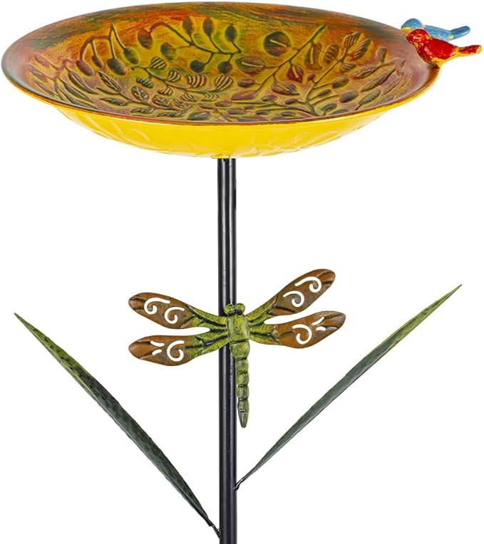 VEWOGARDEN 38" Tall Metal Bird Bath for Outside, Outdoor Bird Bath Feeder with Stable Stake for Garden, Yard, Patio Decor, Yellow
