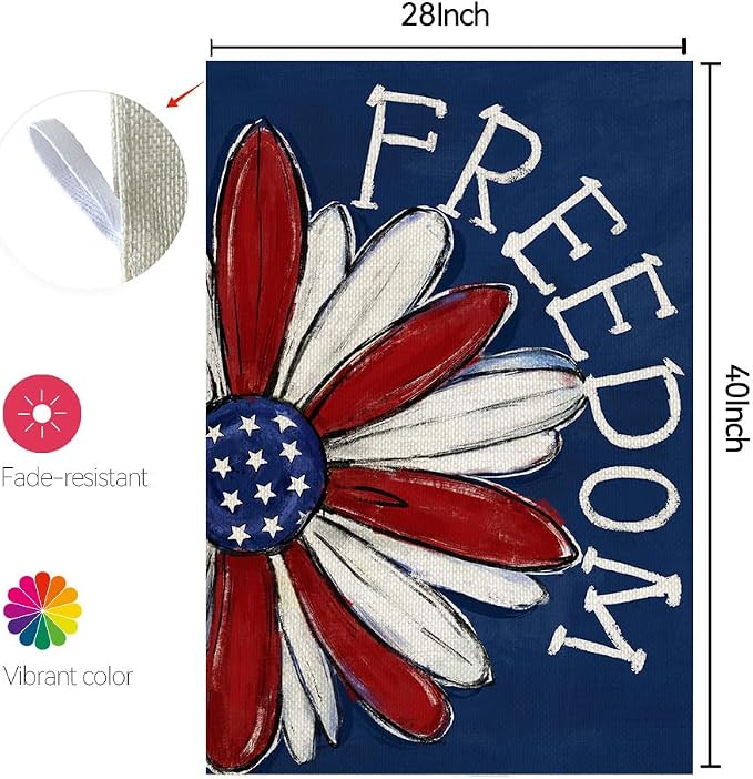 CROWNED BEAUTY 4th of July Patriotic Daisy House Flag Large 28x40 Inch Double Sided Freedom for Independence Day Outside Yard Decor