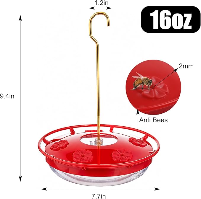 FEED GARDEN Hummingbird Feeders for Outdoors,16oz Leak-Proof Dish-Style Nectar Feeder Built-in Ant Moat, 5 Feeding Ports, Wide Mouth Easy Clean, BPA-Free Garden Decor Gifts