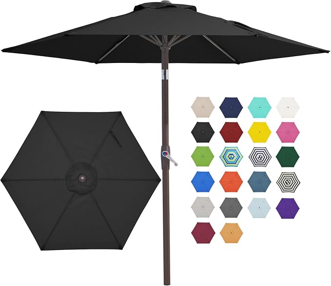 JEAREY 7.5FT Patio Umbrella Market Table Umbrella with 6 Sturdy Ribs, Push Button Tilt/Crank Outdoor Umbrella for Garden, Deck, Backyard,Dark Black